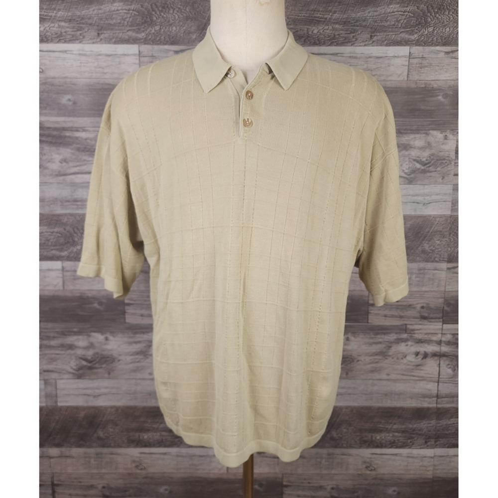 TravelSmith Mens XXL 100% Silk Knit Polo Shirt Tan Grid Textured Short Sleeve